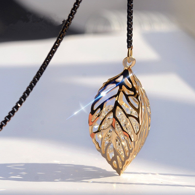 Auroria-Leaf Tassel Long Necklace Women New Fashion Jewelry Black Necklaces & Pendants