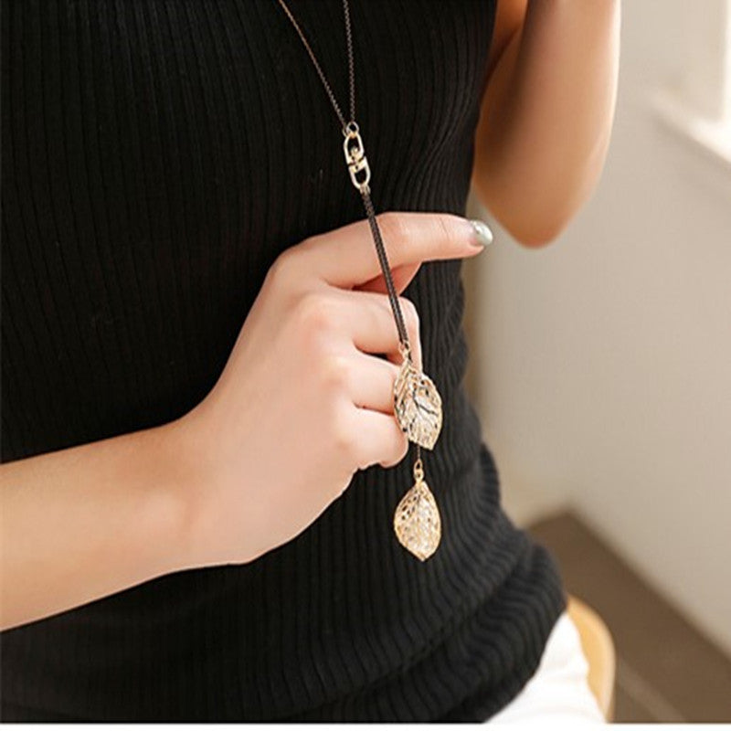 Auroria-Leaf Tassel Long Necklace Women New Fashion Jewelry Black Necklaces & Pendants