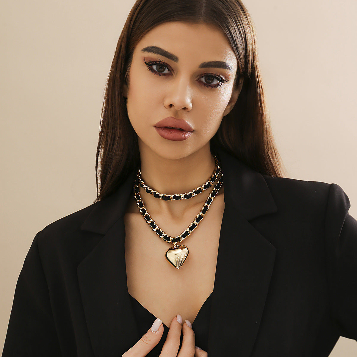 Auroria-Big Love Double-layer Chains Design Necklace Women Street Punk Style Necklace Fashion Jewelry